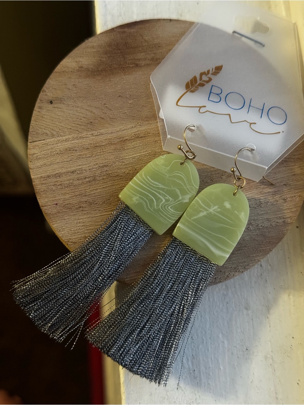 A Classy Chic Boutique Light Olive Arch & Silver Mesh Tassel Earrings